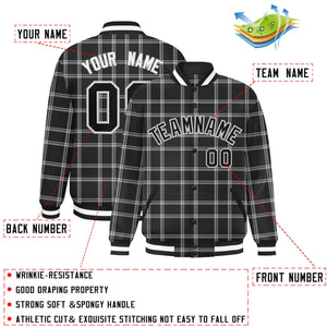 Custom Black Gray Varsity Full-Snap Plaid Pattern Letterman Baseball Jacket