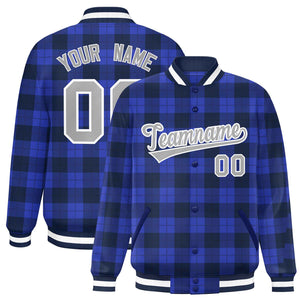 Custom Royal Navy Varsity Full-Snap Plaid Pattern Letterman Baseball Jacket