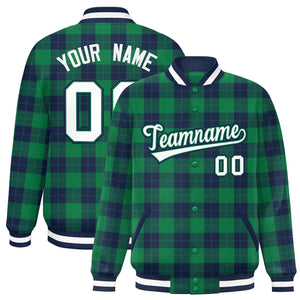 Custom Green Navy Varsity Full-Snap Plaid Pattern Letterman Baseball Jacket