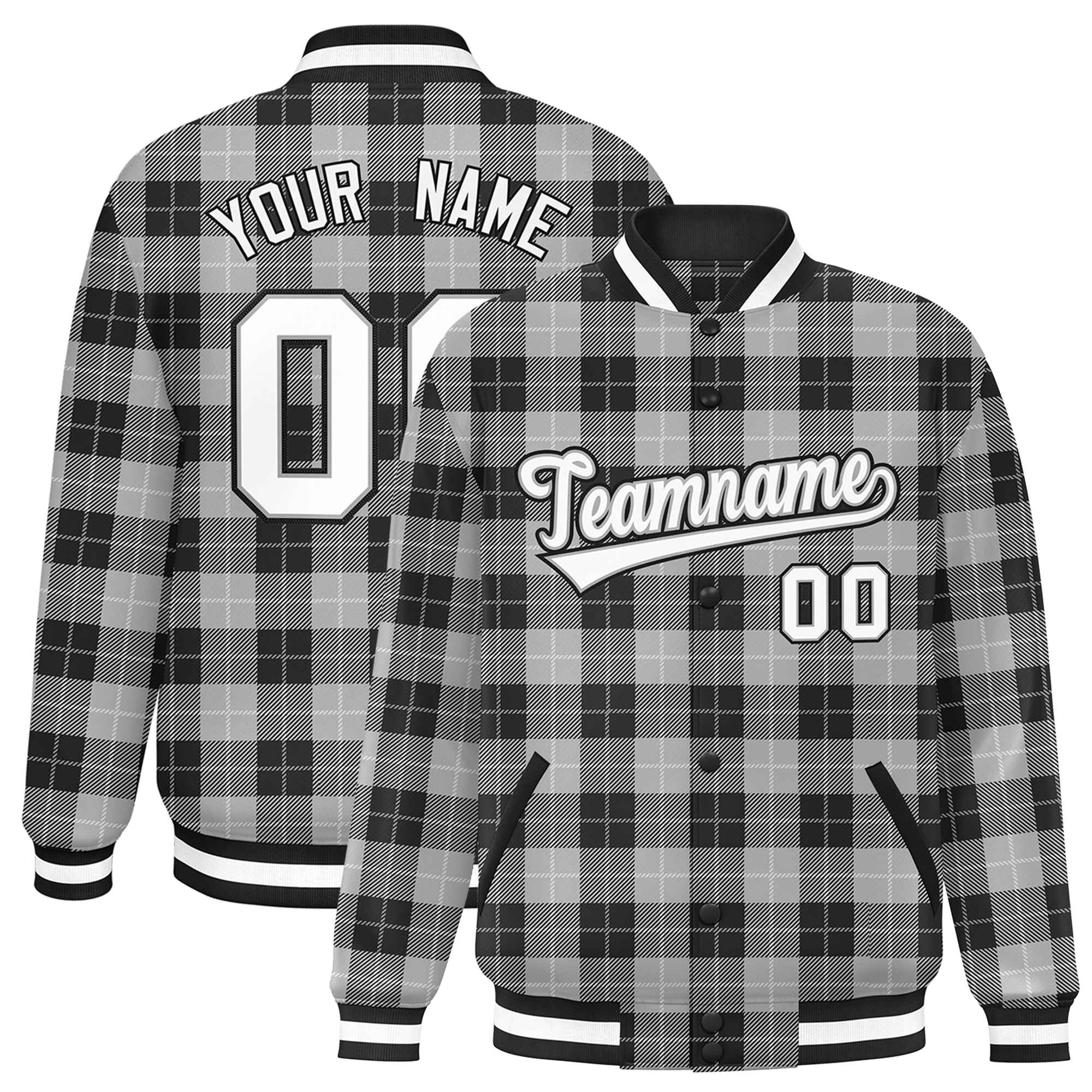 Custom Gray Black Varsity Full-Snap Plaid Pattern Letterman Baseball Jacket