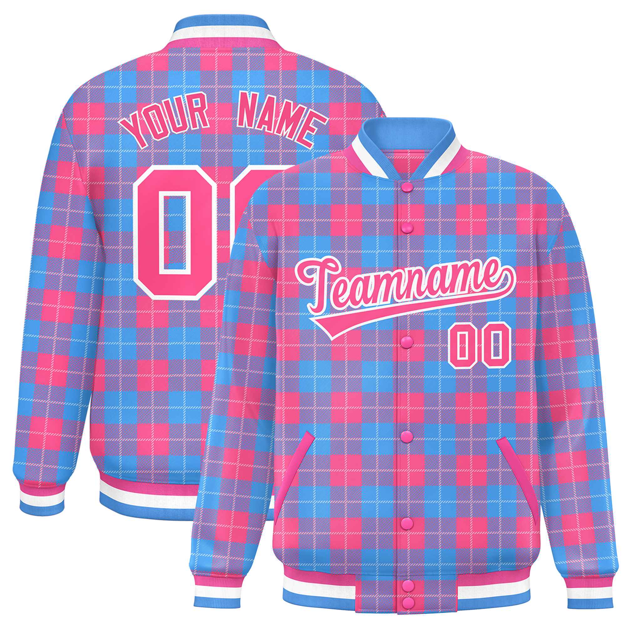 Custom Powder Blue Pink Varsity Full-Snap Plaid Pattern Letterman Baseball Jacket