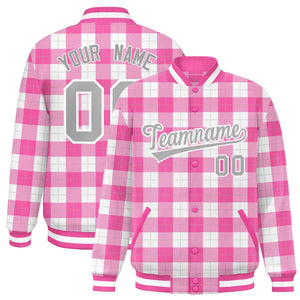 Custom Pink White Varsity Full-Snap Plaid Pattern Letterman Baseball Jacket