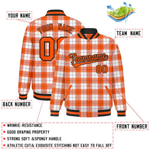 Custom Orange White Varsity Full-Snap Plaid Pattern Letterman Baseball Jacket