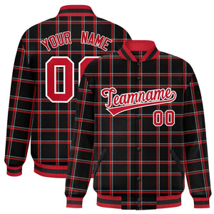 Custom Black Varsity Full-Snap Plaid Pattern Letterman Baseball Jacket