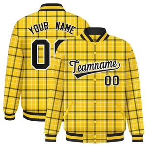 Custom Yellow Varsity Full-Snap Plaid Pattern Letterman Baseball Jacket