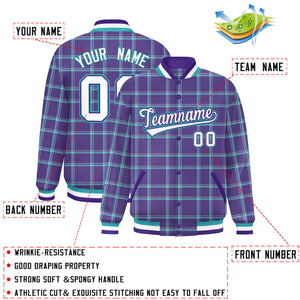 Custom Purple Varsity Full-Snap Plaid Pattern Letterman Baseball Jacket