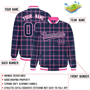 Custom Navy Varsity Full-Snap Plaid Pattern Letterman Baseball Jacket