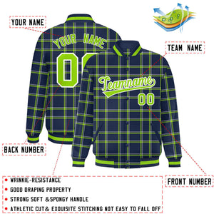 Custom Navy Varsity Full-Snap Plaid Pattern Letterman Baseball Jacket