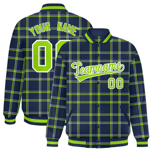 Custom Navy Varsity Full-Snap Plaid Pattern Letterman Baseball Jacket