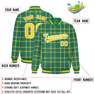 Custom Kelly Green Varsity Full-Snap Plaid Pattern Letterman Baseball Jacket