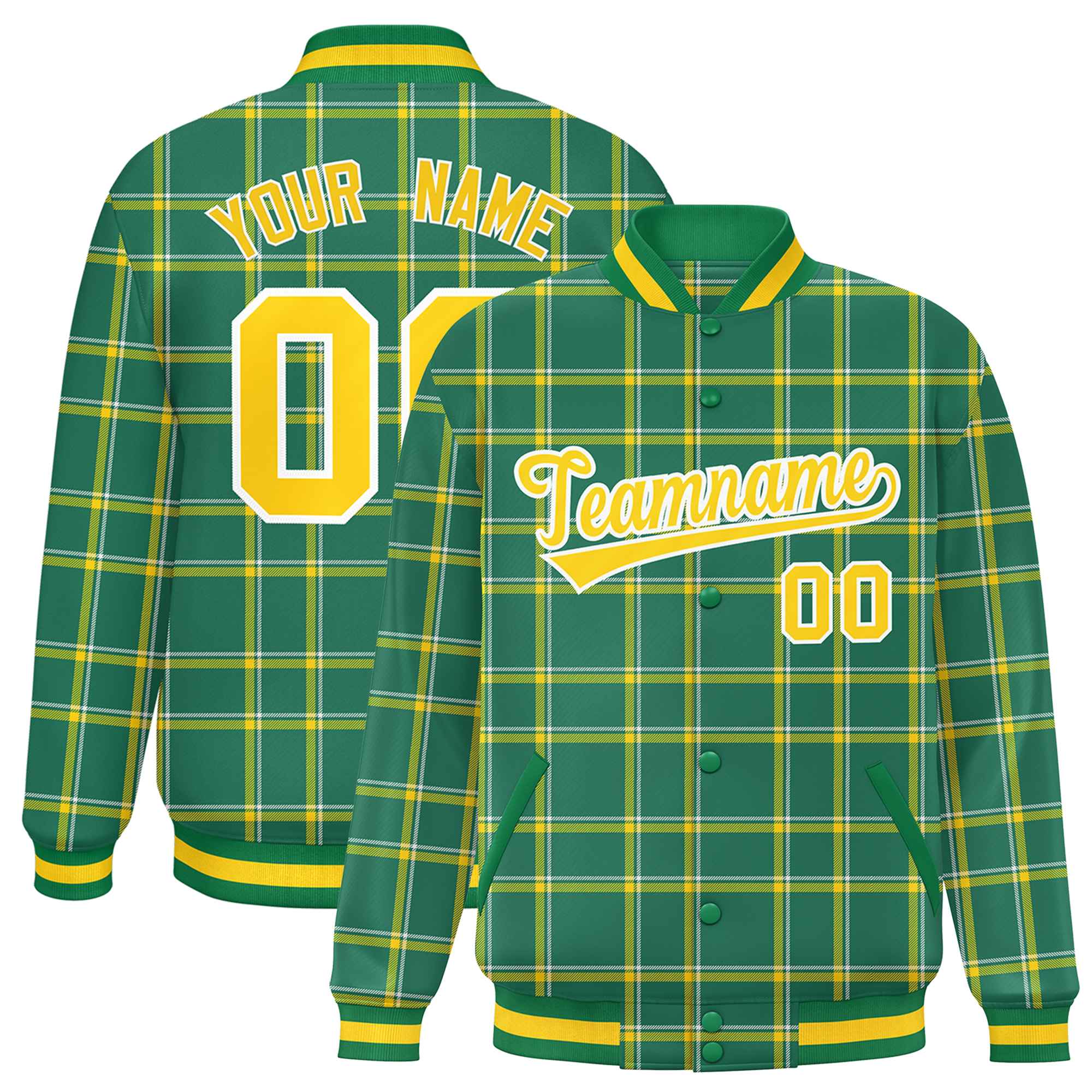 Custom Kelly Green Varsity Full-Snap Plaid Pattern Letterman Baseball Jacket