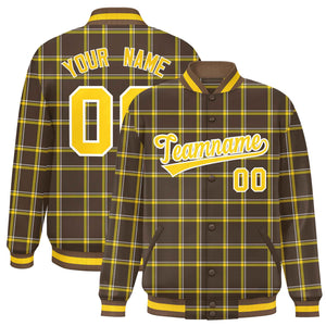 Custom Brown Varsity Full-Snap Plaid Pattern Letterman Baseball Jacket