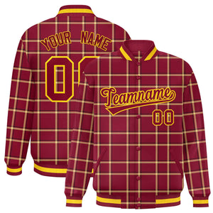 Custom Crimson Varsity Full-Snap Plaid Pattern Letterman Baseball Jacket