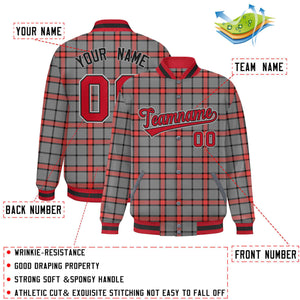 Custom Gray Varsity Full-Snap Plaid Pattern Letterman Baseball Jacket