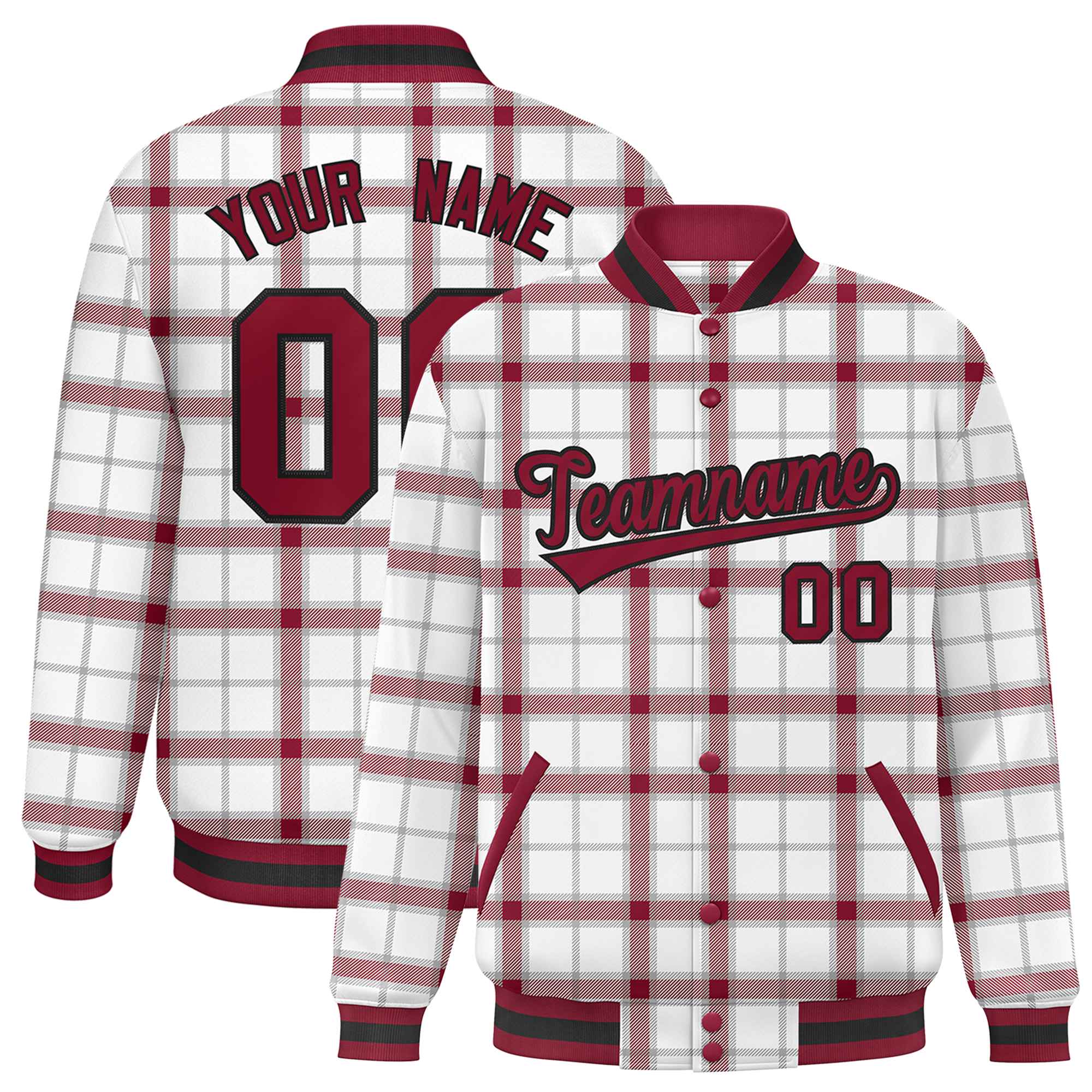 Custom White Varsity Full-Snap Plaid Pattern Letterman Baseball Jacket