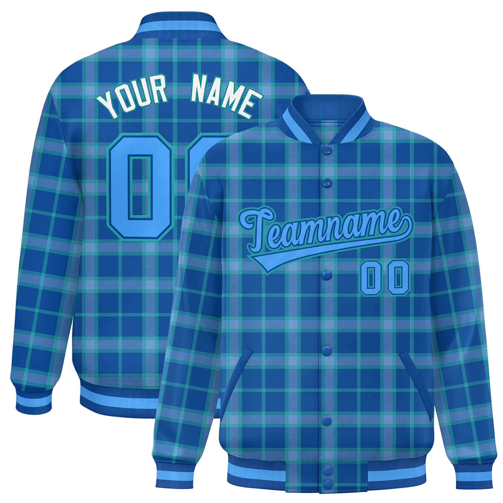 Custom Blue Varsity Full-Snap Plaid Pattern Letterman Baseball Jacket