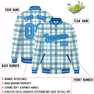 Custom White Aqua Varsity Full-Snap Plaid Pattern Letterman Baseball Jacket