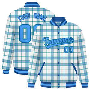 Custom White Aqua Varsity Full-Snap Plaid Pattern Letterman Baseball Jacket