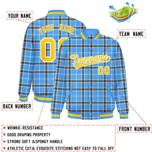 Custom Powder Blue Varsity Full-Snap Plaid Pattern Letterman Baseball Jacket