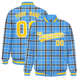 Custom Powder Blue Varsity Full-Snap Plaid Pattern Letterman Baseball Jacket