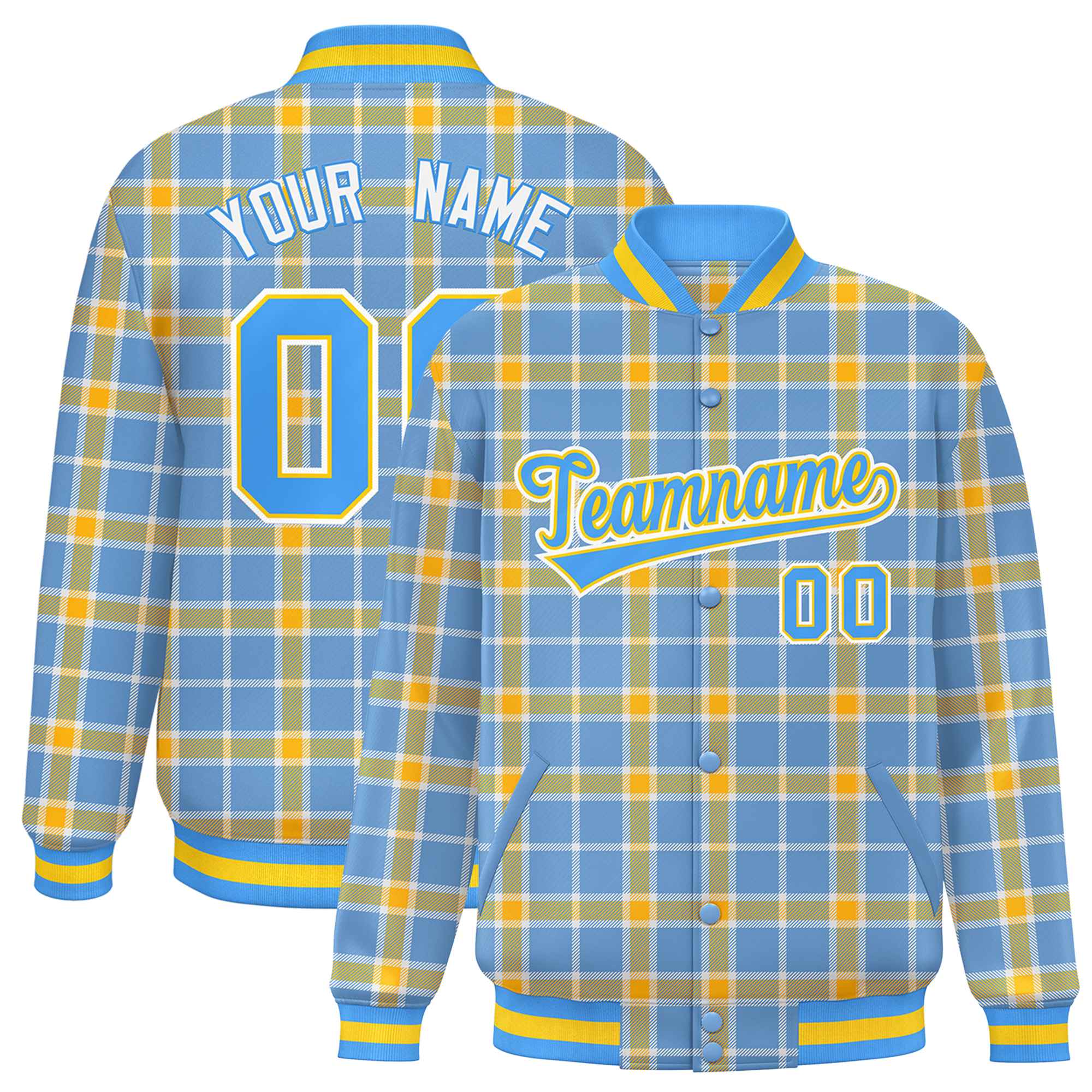 Custom Light Blue Yellow Varsity Full-Snap Plaid Pattern Letterman Baseball Jacket