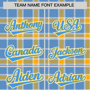 Custom Light Blue Yellow Varsity Full-Snap Plaid Pattern Letterman Baseball Jacket