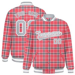 Custom Red Varsity Full-Snap Plaid Pattern Letterman Baseball Jacket