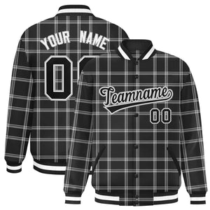 Custom Black Gray Varsity Full-Snap Plaid Pattern Letterman Baseball Jacket