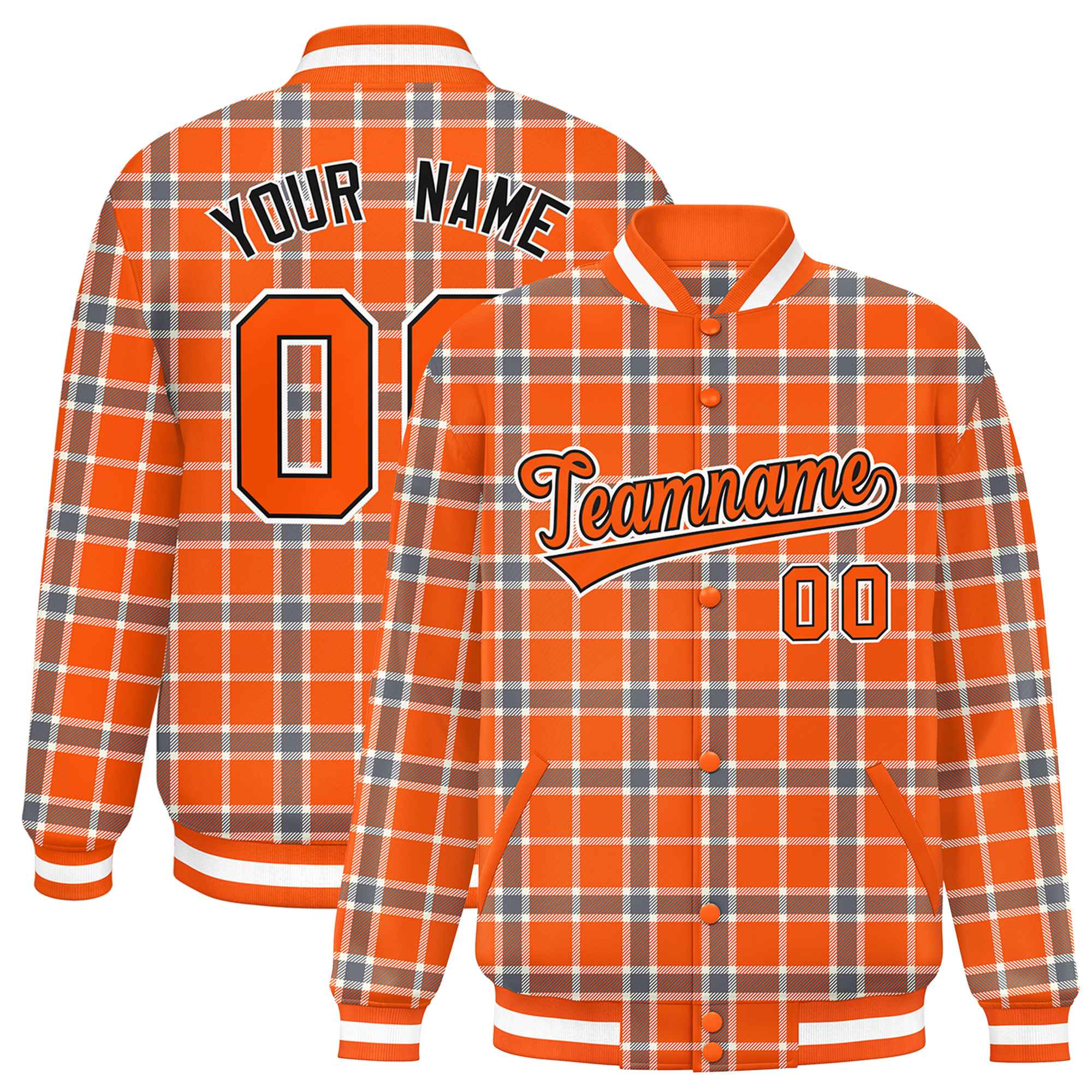 Custom Orange Varsity Full-Snap Plaid Pattern Letterman Baseball Jacket