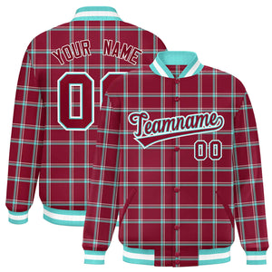 Custom Crimson Varsity Full-Snap Plaid Pattern Letterman Baseball Jacket