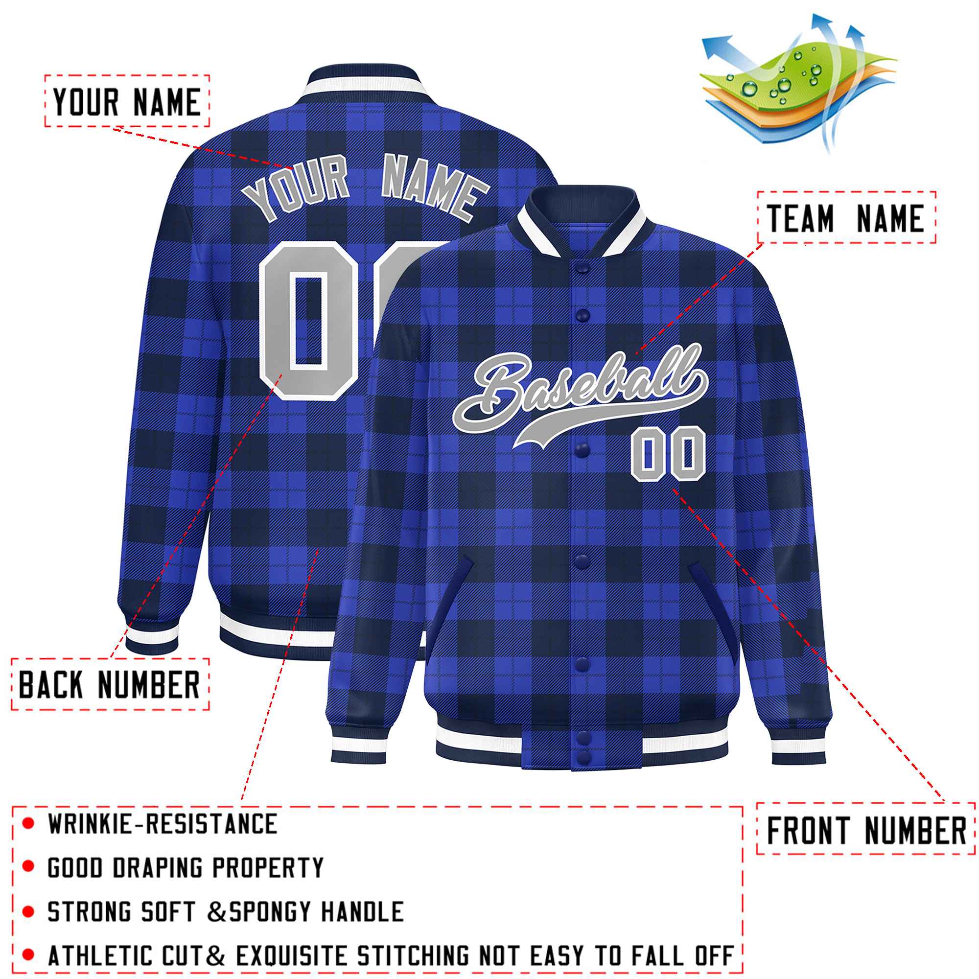 Custom Royal Navy Varsity Full-Snap Plaid Pattern Letterman Baseball Jacket