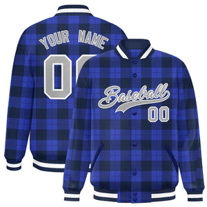 Custom Royal Navy Varsity Full-Snap Plaid Pattern Letterman Baseball Jacket