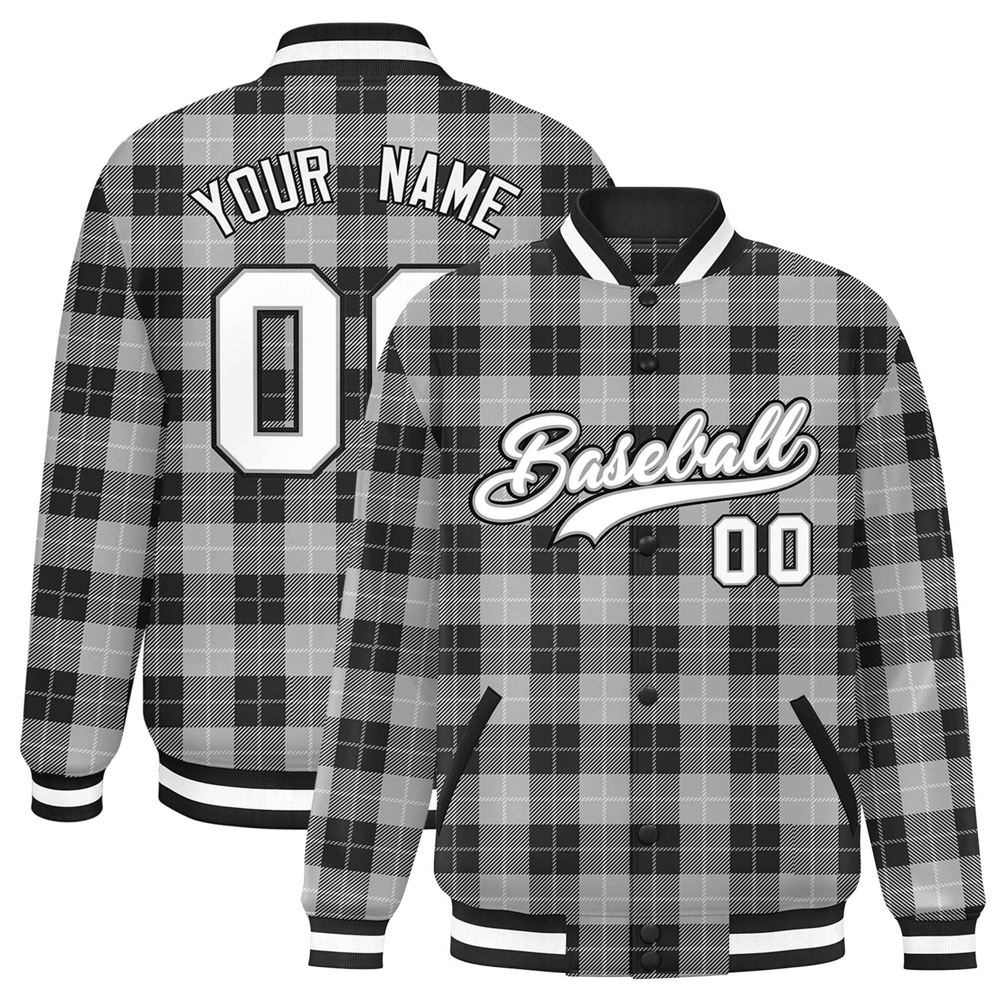 Custom Gray Black Varsity Full-Snap Plaid Pattern Letterman Baseball Jacket