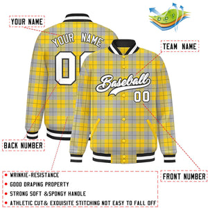 Custom Gold Gray Varsity Full-Snap Plaid Pattern Letterman Baseball Jacket