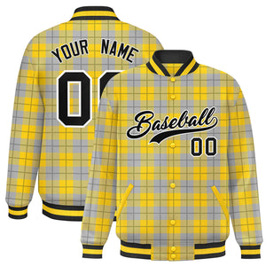 Custom Gold Gray Varsity Full-Snap Plaid Pattern Letterman Baseball Jacket