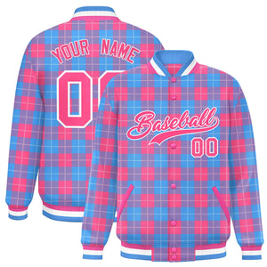 Custom Powder Blue Pink Varsity Full-Snap Plaid Pattern Letterman Baseball Jacket