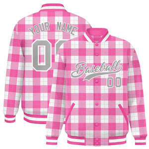 Custom Pink White Varsity Full-Snap Plaid Pattern Letterman Baseball Jacket