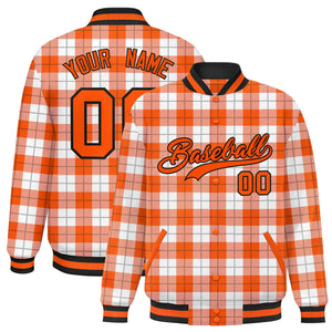 Custom Orange White Varsity Full-Snap Plaid Pattern Letterman Baseball Jacket