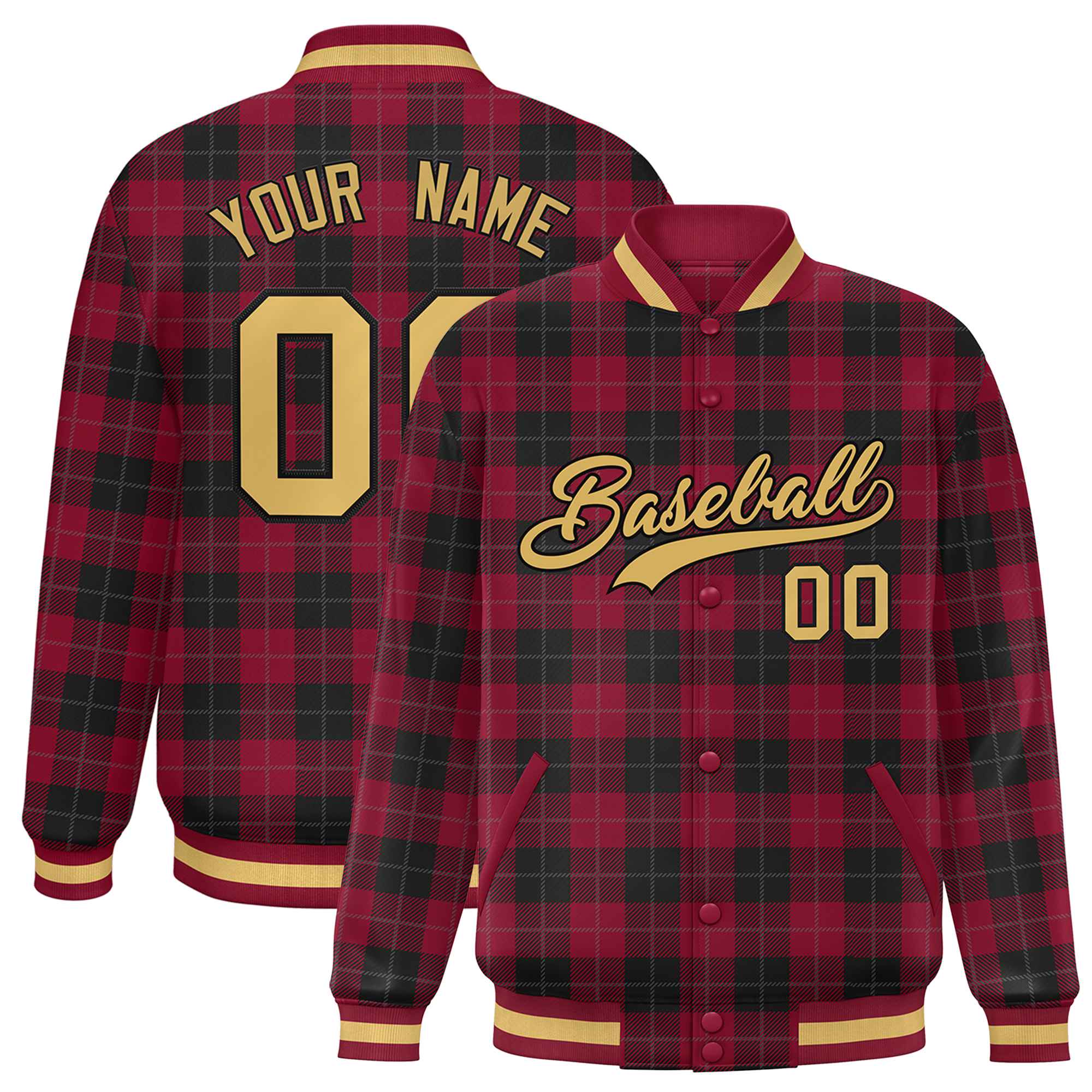 Custom Red Black Varsity Full-Snap Plaid Pattern Letterman Baseball Jacket