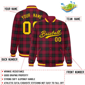 Custom Red Black Varsity Full-Snap Plaid Pattern Letterman Baseball Jacket