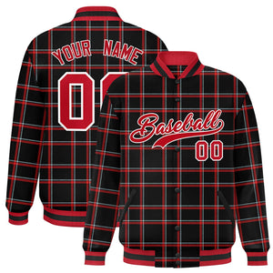 Custom Black Varsity Full-Snap Plaid Pattern Letterman Baseball Jacket