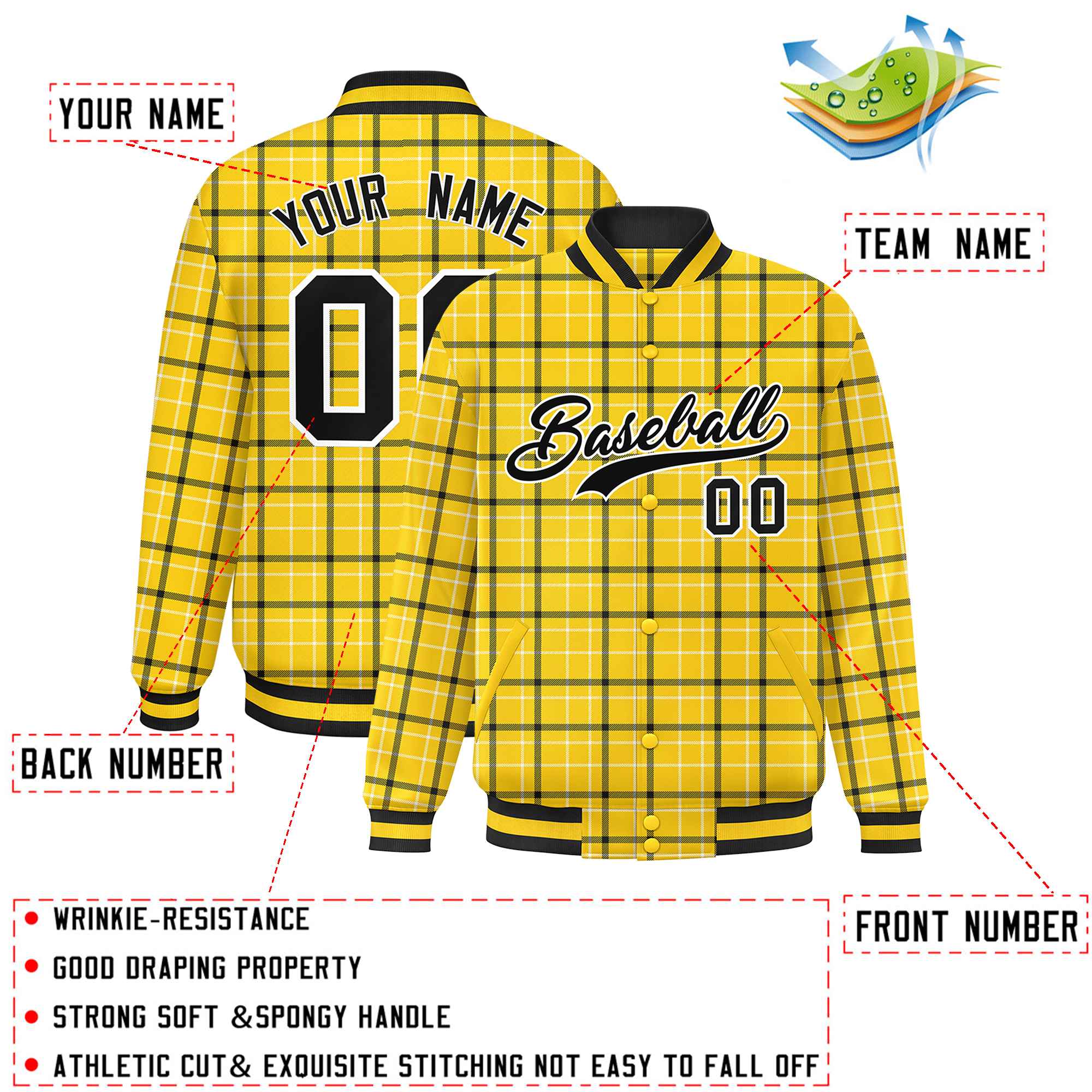 Custom Yellow Varsity Full-Snap Plaid Pattern Letterman Baseball Jacket