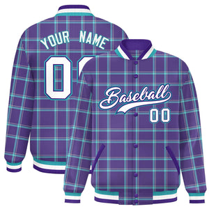 Custom Purple Varsity Full-Snap Plaid Pattern Letterman Baseball Jacket