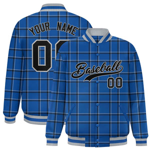 Custom Blue Varsity Full-Snap Plaid Pattern Letterman Baseball Jacket