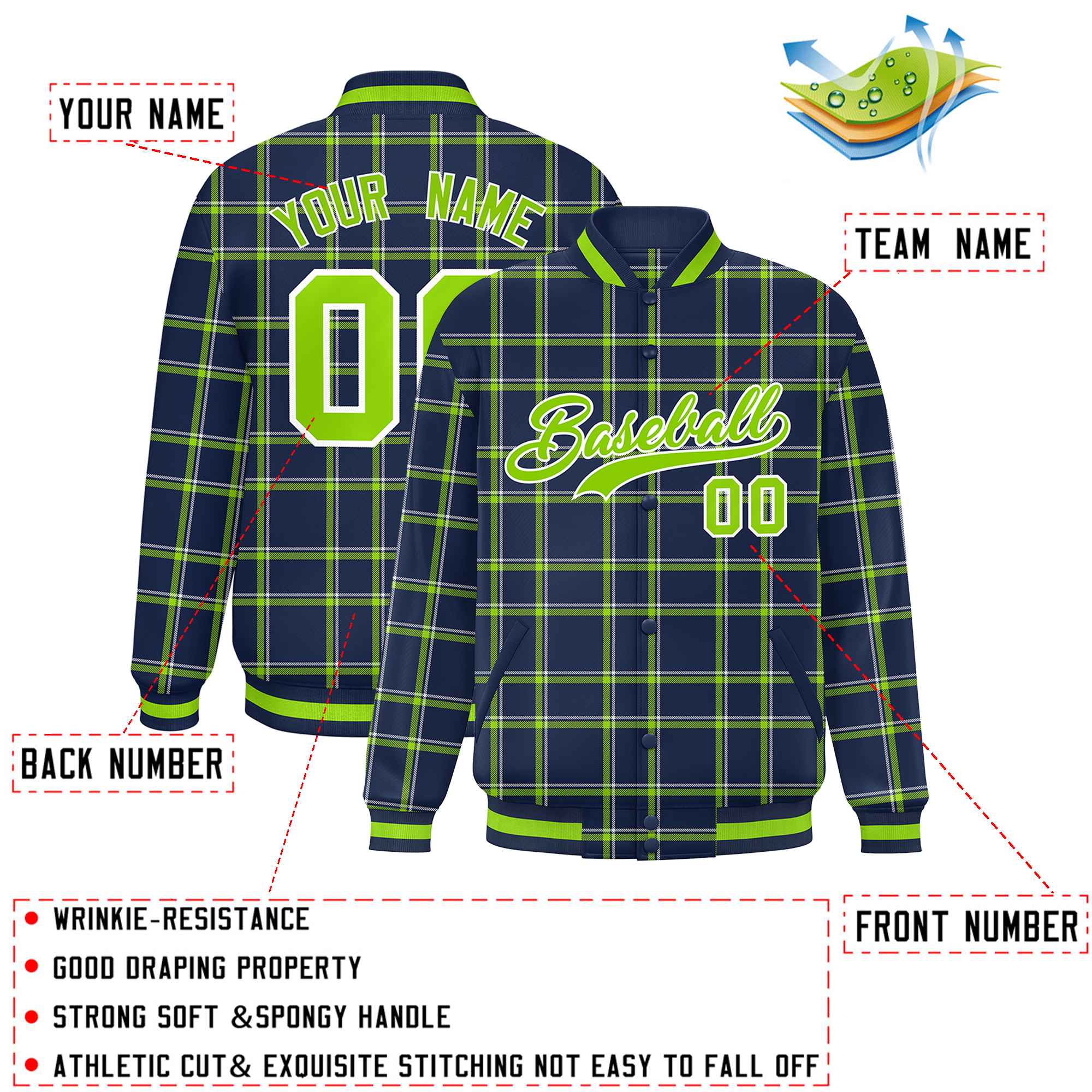 Custom Navy Varsity Full-Snap Plaid Pattern Letterman Baseball Jacket