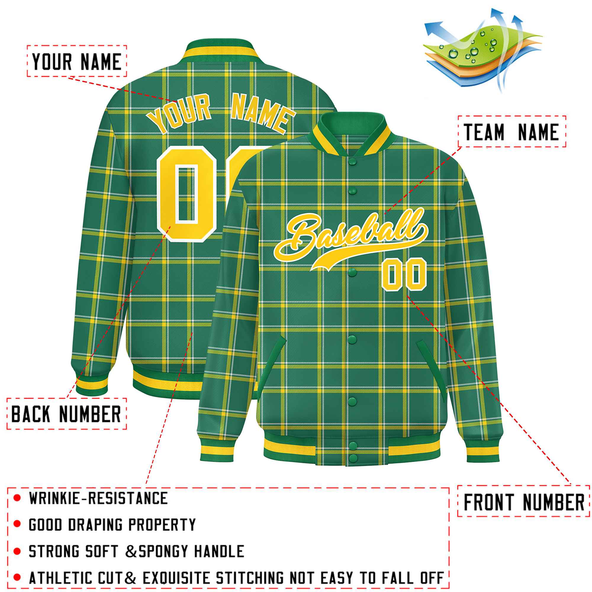 Custom Kelly Green Varsity Full-Snap Plaid Pattern Letterman Baseball Jacket