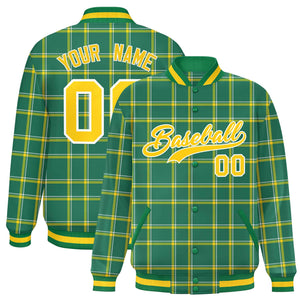 Custom Kelly Green Varsity Full-Snap Plaid Pattern Letterman Baseball Jacket