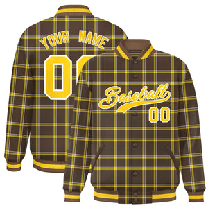 Custom Brown Varsity Full-Snap Plaid Pattern Letterman Baseball Jacket