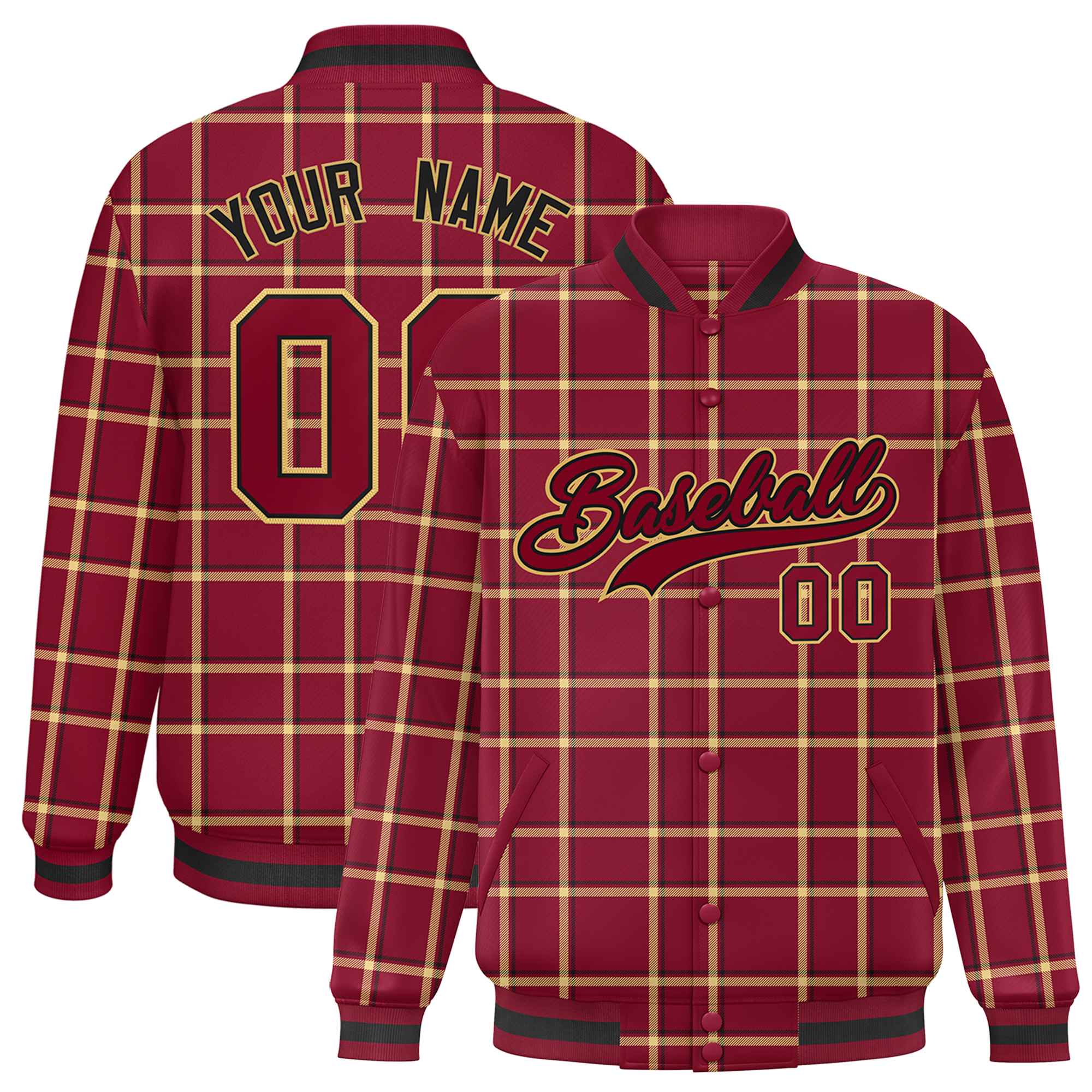 Custom Crimson Varsity Full-Snap Plaid Pattern Letterman Baseball Jacket