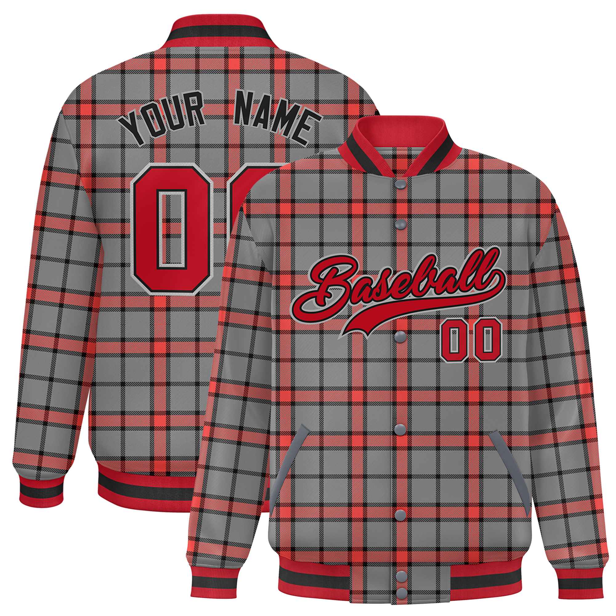 Custom Gray Varsity Full-Snap Plaid Pattern Letterman Baseball Jacket